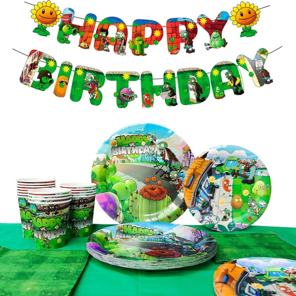 Plants vs Zombies Party Supplies,128pcs Plants vs Play Game Zombies Party Kit - Plants vs Zombies Banner Plates Cups Napkins for Plants vs Zombies Decorations Supplies