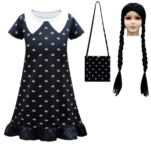 HAWEE Wednesday Addams Costume Dress with Bag for Kids, Girls Halloween Black Uniform Dress Addams Costume Dress for Cosplay Party