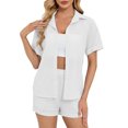 thumbnail image 1 of Womens Chiffon Set Two Piece Outfits Summer Beach Button down Short Sleeve Shirt Shorts Sets with Pockets, 1 of 5