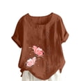 thumbnail image 2 of Pisexur Chemises pour Femmes Grande Taille Surdimensionnées Imprimé Papillon Hauts en Coton et Lin Mélange Col Ras du Cou Manches Courtes Tunique Basique T-Shirts Hauts Blouse, 2 of 5