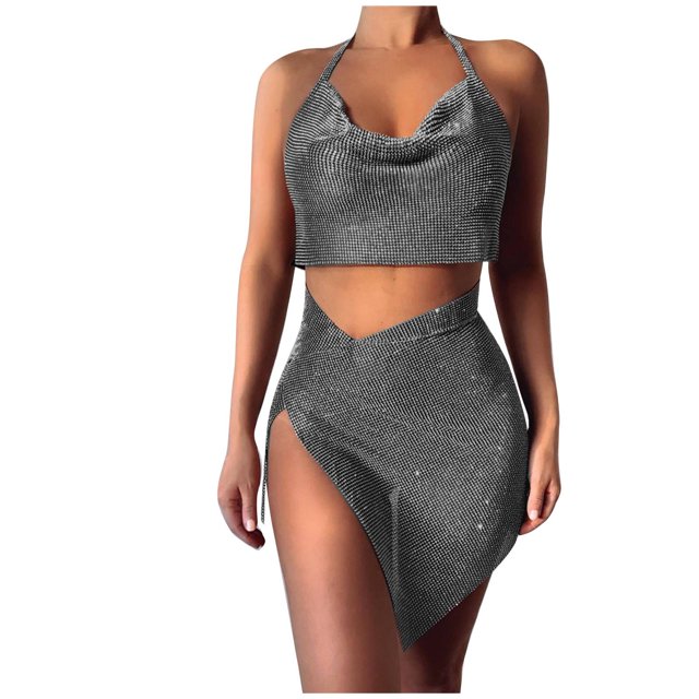 Ensemble de Strass pour Femmes, Jupe à Bretelles Taille Basse Sexy avec Ceinture