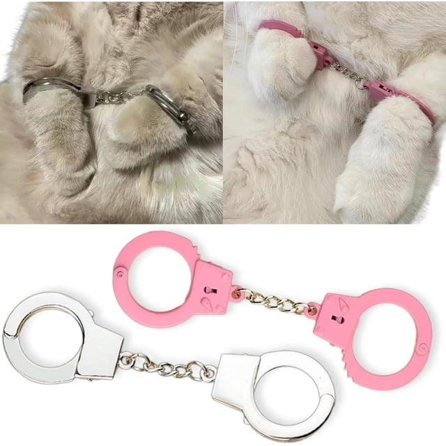 Tingzi Jouet de Menottes pour Chat avec mini Menottes en Acier Inoxydable et Roses Conçues pour les Chats et les Petits Animaux. l'Image Montre des Vues Gros Plan des Menottes sur les Pattes d'Un Chat, Mettant en Valeur Leur Finition Lisse et Leur Conception Inoffensive. Idéal pour le cosplay d'Animaux, les Accessoires d'Halloween, les Accessoires de Déguisement pour Enfants et la Photographie sur les Médias Sociaux.