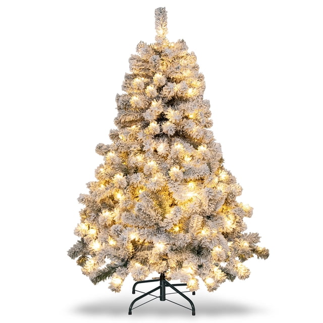 Patiojoy 4.5 FT Snow Flocked Christmas Tree with 295 branch tips and 150 warm white LED lights. The tree features a realistic snow-covered design with hinged branches for easy assembly. Made of flame-retardant PVC material, it includes a sturdy metal stand for stability. Ideal for creating a cozy holiday atmosphere in homes or parties.