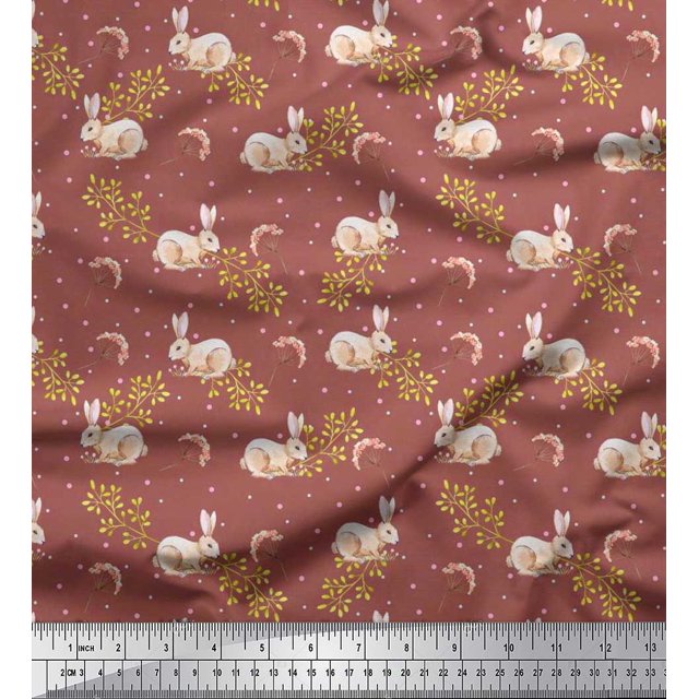 Soimoi Poly Georgette Fabric Dot,Leaves & Rabbit Animal Fabric Prints By Yard 42 Inch Wide