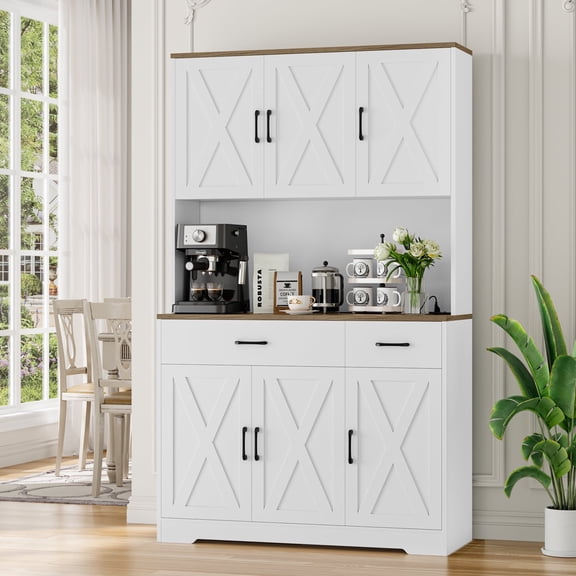 Homfa Garde-Manger de Cuisine 71 Pouces, avec Station de Recharge, Armoire Autoportante avec Tablettes Ajustables, Armoire de Plancher pour Salle à Manger, Blanc