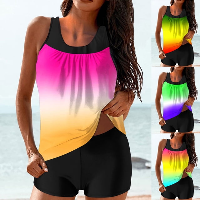 UPPADA 2 Piece Full Coverage Swimsuits for Women Floral Athleti Crewneck Bathing Suits High Waisted Tummy Control Modest Swimwear Comfy Tankini Top with Shorts Womens Tummy Control Tankini Yellow,2xl