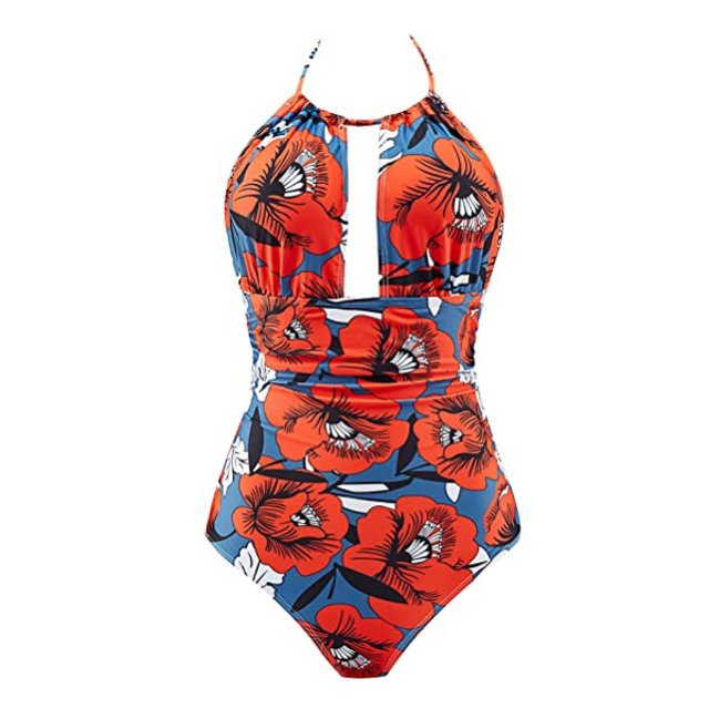 Women One Piece Swimsuit Tummy Control Swimwear V Neck Bathing Suit (Red, M)