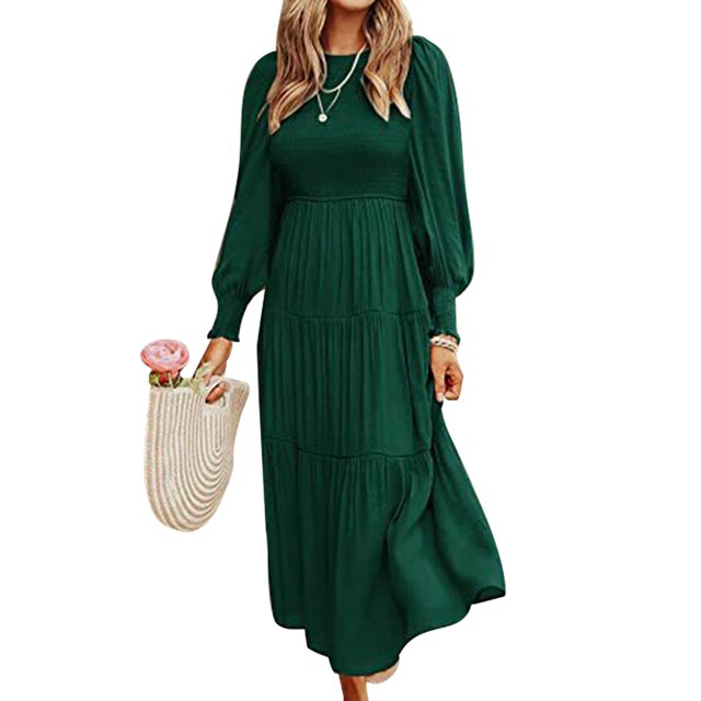 LUXUR Robes Maxi à Manches Longues pour Femmes Décontractées Soirée Robe Ligne A Vert Noirâtre m