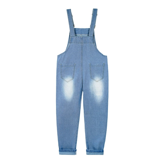 KIDSCOOL SPACE Girls Slim Ripped Holes Scratched Fashion Jeans Overalls Blue,5-6 Years