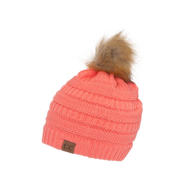 Gravity Threads Cable Knit Faux Fur Pom Pom Beanie Hat, Coral