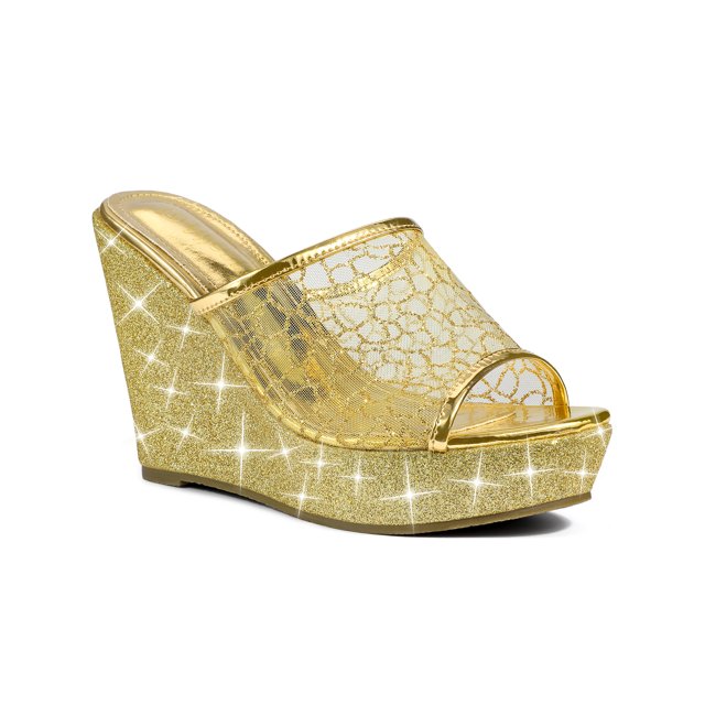 BLISSFUL STEP Sandales pour Femmes à Plateforme Compensée à Paillettes Sandales à Enfiler Or 9,5