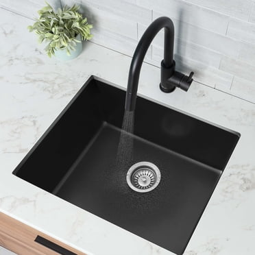 Stylish Dual Mount 22" Black Composite Granite Single Bowl Kitchen Sink with Strainer S-822N