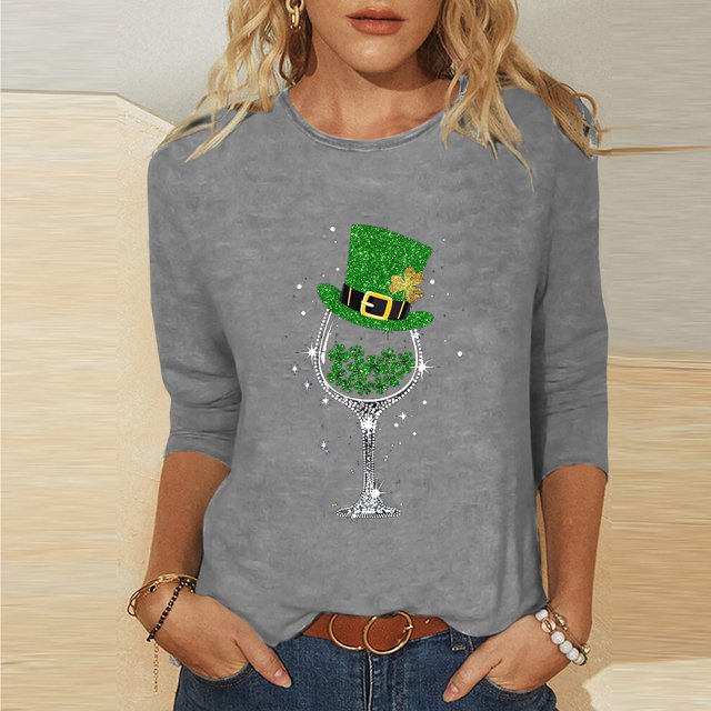 T-Shirt Ample à Manches Trois-Quarts et Col Rond Imprimé pour la Saint-Patrick pour Femmes