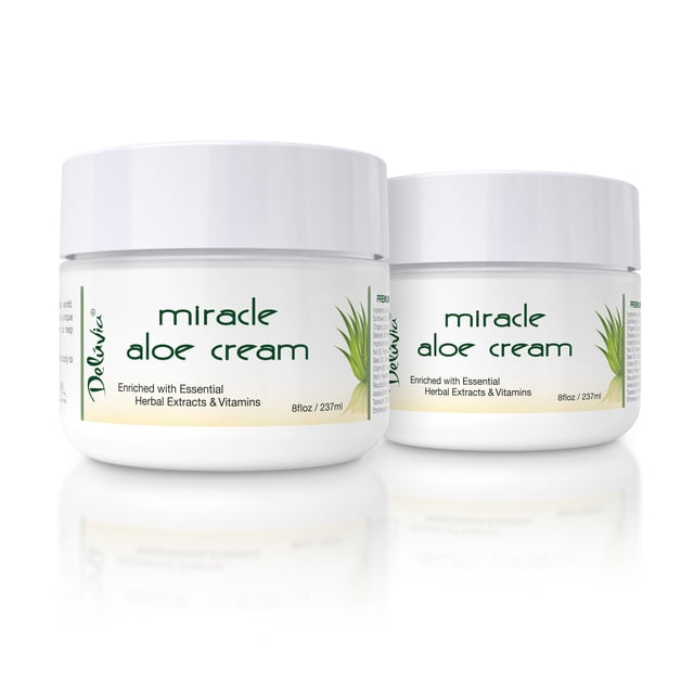 Miracle Aloe Cream, 2-Pack by Deluvia, featuring two white jars with green aloe graphics and text indicating enriched herbal extracts and vitamins. Each jar contains 8 fl oz (237 ml) of hydrating cream designed to soothe dry and irritated skin, suitable as a face moisturizer.