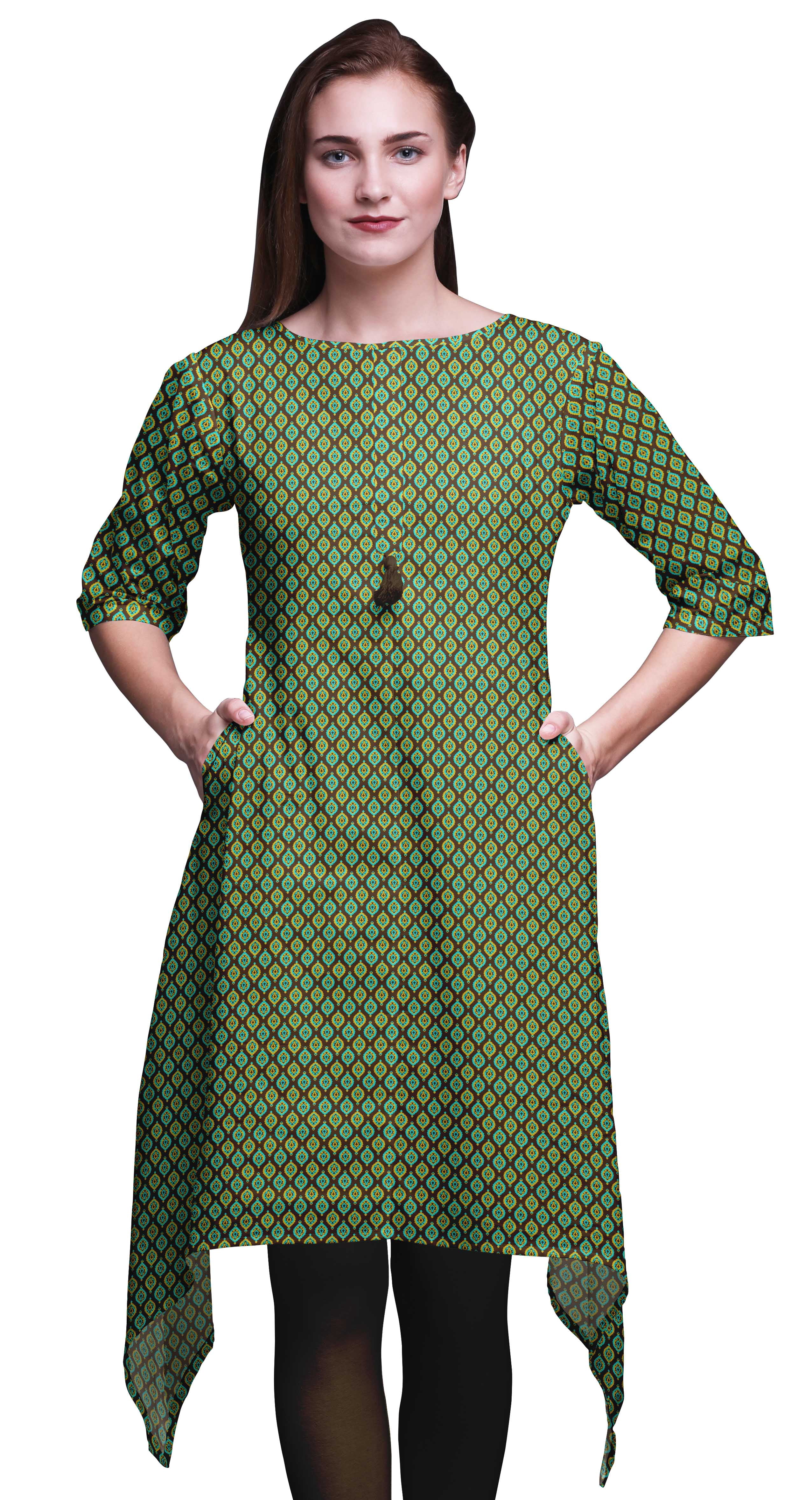 Bimba Kurti Asymétrique Brun à Blocs Damassés Imprimés pour Femmes, Robe d'Été Indienne Tunique, Très Grand