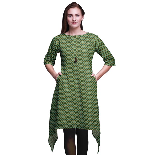 Bimba Kurti Asymétrique Brun à Blocs Damassés Imprimés pour Femmes, Robe d'Été Indienne Tunique, Très Grand