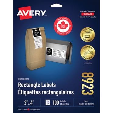 Avery Étiquettes rectangulaires blanches avec technologie Sure Feed, Technologie TrueBlock, 2 po x 4 po, pour imprimantes laser et à jet d'encre,10 étiquettes/feuille, 10 feuilles/paquet - 8923