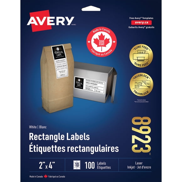 Avery White Rectangle Labels with Sure Feed Technology, TrueBlock, 2" x 4", for Laser and Inkjet Printers 10 labels/Sheet, 10 Sheets/Pack - 8923