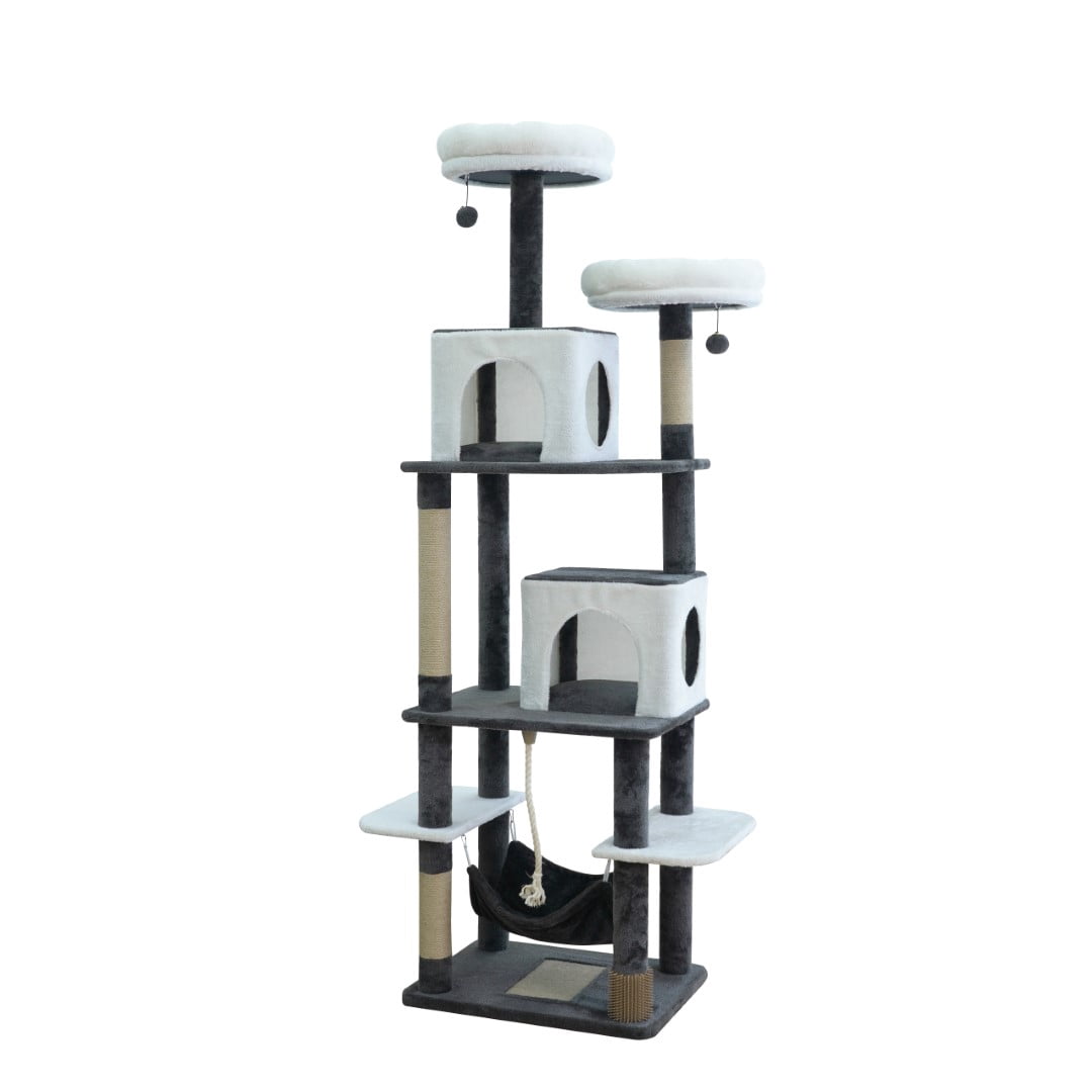 Home4Cat 74" 8-Level Cat Tree with Two Condos Hammock, Sisal Scratchers, Toys,Gray&white