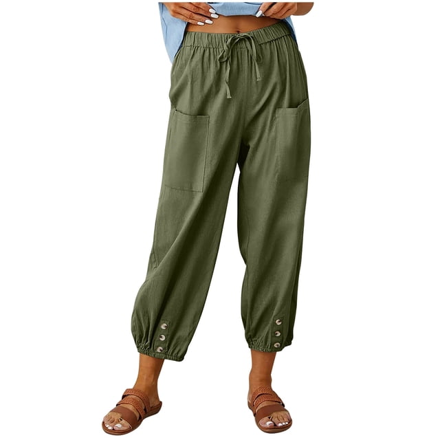 Pantalon en Coton et Lin pour Femmes, Habillé Décontracté, Taille Élastique, Couleur Unie, Bas Resserré, Pantalon de Survêtement, Pantalon Capri pour Femmes