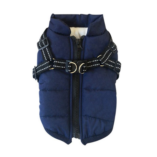 Pet Dog Jacket With Harness Windproof Winter Pet Dog Padded Coat Clothes in a solid navy blue design. This dog winter coat features a padded, windproof construction with a front zipper closure and an integrated reflective harness with adjustable double-sided buckles. Made from high-quality cotton fabric for warmth and comfort, it is suitable for autumn and winter seasons. Durable, easy to clean, and ideal for keeping dogs warm and stylish during colder months.