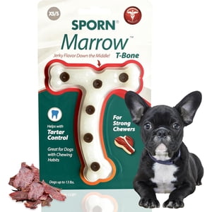 Sporn Durable T-Bone Marrow Dog Chew Bones for Aggressive Chewers, Jerky Flavor Dog Chew Toys for Small Dogs, Made with Tough Nylon Dog Dental Chew Toy, Gluten-Free & Non-Toxic, XS/SM