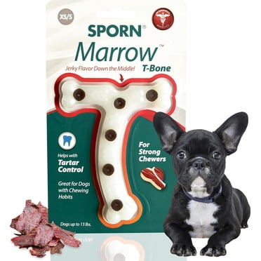 Sporn Durable T-Bone Marrow Dog Chew Bones for Aggressive Chewers, Jerky Flavor Dog Chew Toys for Small Dogs, Made with Tough Nylon Dog Dental Chew Toy, Gluten-Free & Non-Toxic, XS/SM