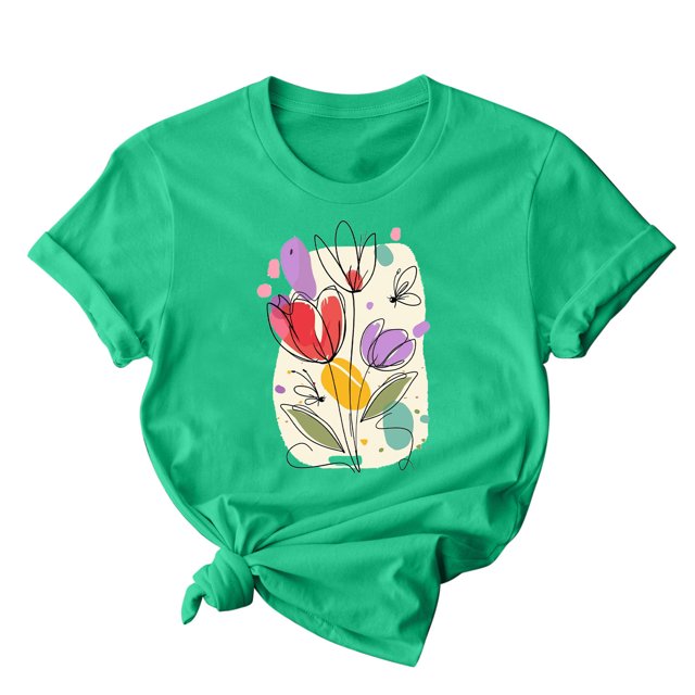 RKSTN Hauts d'Été pour Femmes 2024 Décontractés Coupe Ample Polyvalents T-Shirts Graphiques Mode à Imprimé Floral Respirants Manches Courtes Col Rond T-shirt Blouses, Cadeaux de la Fête des Mères