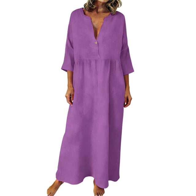 Xugsiok Robe en Lin pour Femmes à Boutons Manches 3/4 Col Ras du Cou Robe d'Été Couleur Unie Robes Amples Vacances Affaires Entraînement Plage Fluide Plissée Tuniques Robes Maxi d'Été