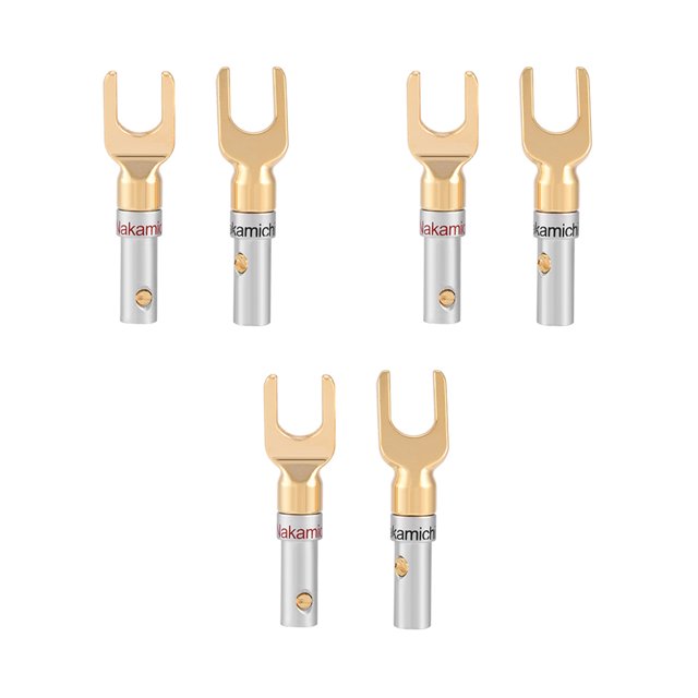 Speaker Wire Connector Banana Plug Spade set, featuring 6 gold-plated 4mm U Fork Y Spade plugs. Designed for high-quality signal transmission, these connectors are made of 24K gold-plated pure copper with silver housing. Easy wiring with double screws locking mechanism. Ideal for electrical accessories and accommodates cables up to 4mm in diameter.