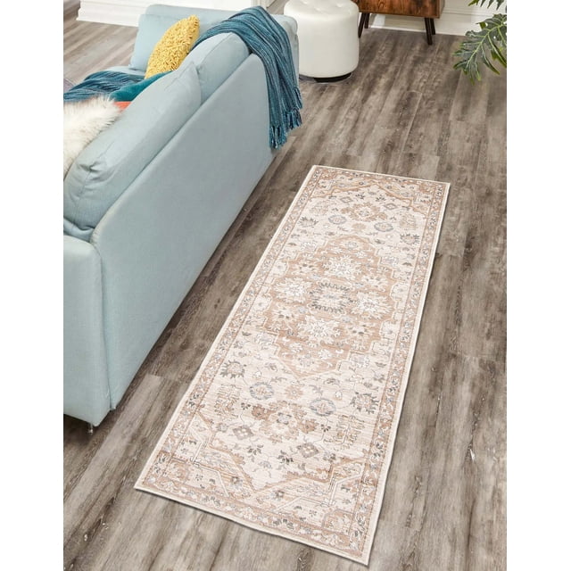 ECARPET Arden Traditional Runner Rug for living room, bedroom, dining room, entrance, and hallway, displayed on a wood-look floor beside a light blue sofa with a yellow pillow and blue throw. The rug has a traditional floral and medallion pattern in beige, cream, and light brown tones, woven in Turkey for durability and suitable for high-traffic areas.