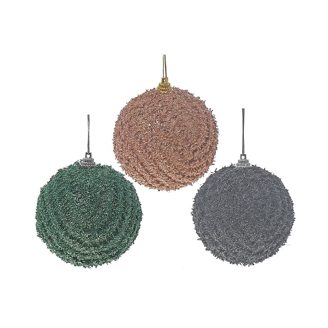 Ball Ornament - Set of 12 with textured foam Christmas balls in green, rose gold, and silver, each featuring a metallic cap and hanging string, ideal for festive home décor and safe, shatterproof holiday use, also suitable for craft projects.