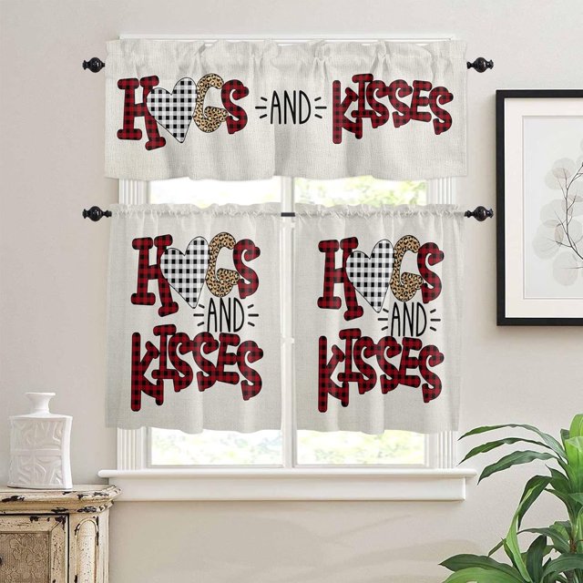 Valentine''s 3 PCS Kitchen Curtain Valance and Tiers Set, Rod Pocket Small Half Tier Valances Window Curtains Panel, Farmhouse Retro Leopard Print Plaid 55"x36" (Set of 2 Tiers & Valance)