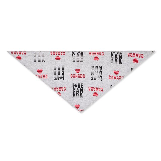 George Pets' Printed Bandana in a triangular cut made from soft cotton-rich jersey knit fabric. The light grey bandana features an all-over print with red hearts and the words 'CANADA' and 'XOX' in black and red. Suitable for small pets, it adds a cute touch for walks or home use.