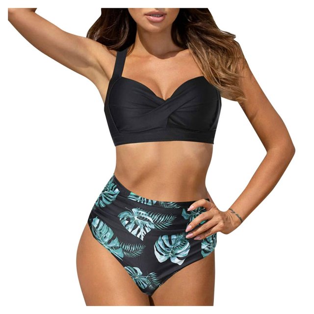 Girls Two Piece Swimsuit Women Vintage Swimsuit Two Piece Retro Halter Ruched High Waist Print Bikini Set