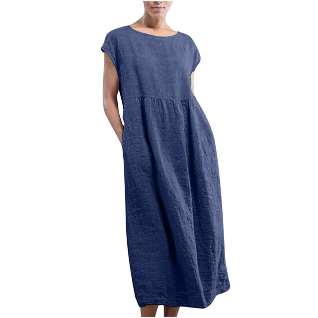 JGGSPWM Robe Longue d'Été en Lin à Manches Courtes pour Femme, Décontractée et Fluide, avec Poches, pour Plage et Vacances, Bleu Marine 2TG