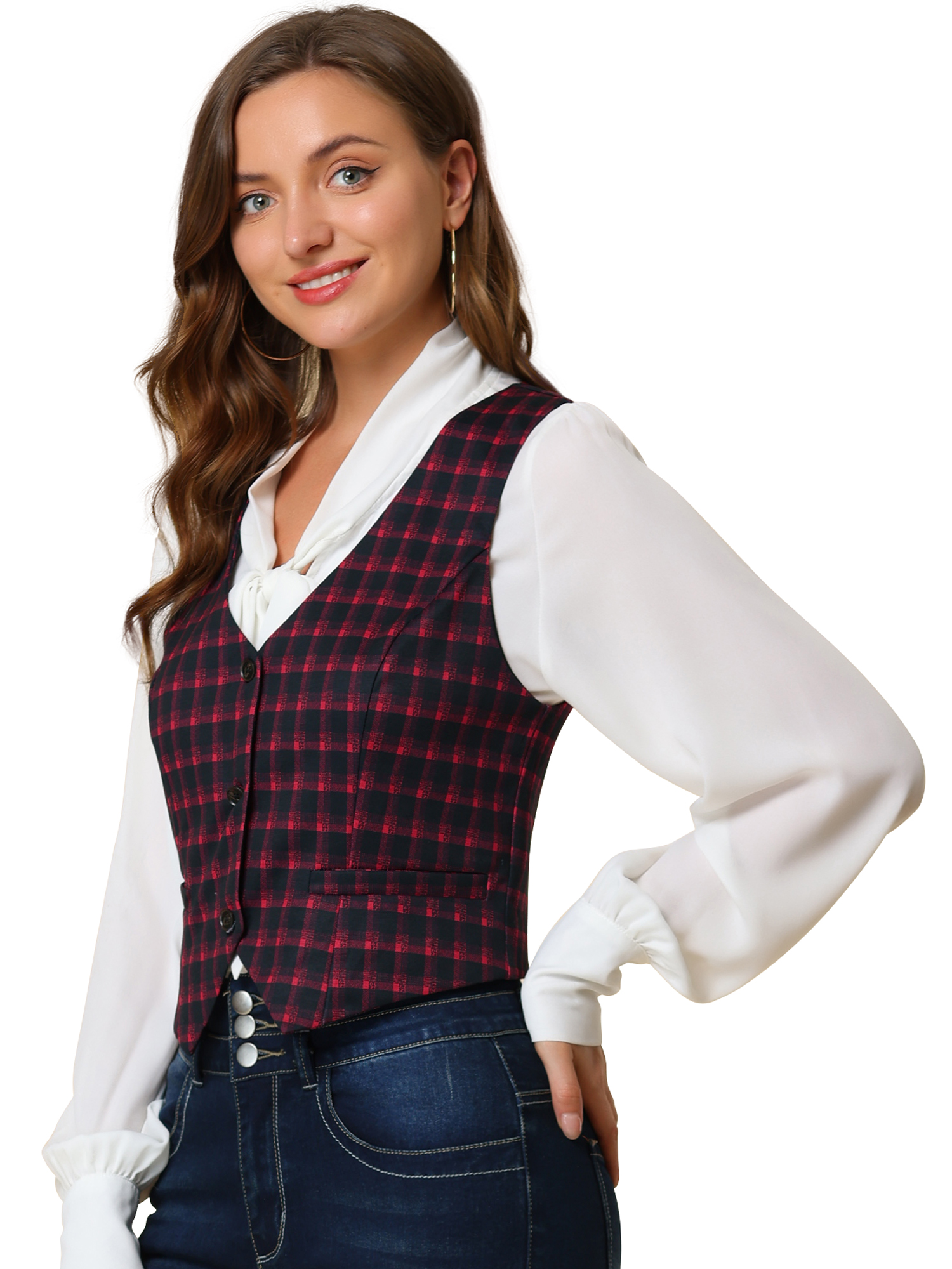 INSPIRE CHIC Veste Sans Manches à Carreaux Extensible Asymétrique pour Femme à Col en V, Taille Cintrée, à Boutons