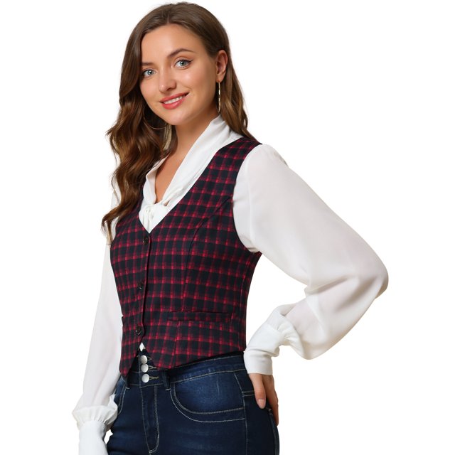 INSPIRE CHIC Veste Sans Manches à Carreaux Extensible Asymétrique pour Femme à Col en V, Taille Cintrée, à Boutons