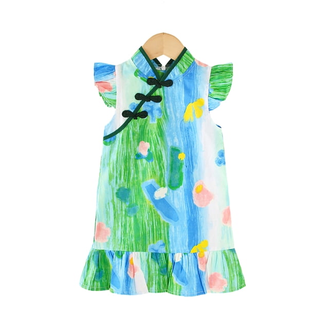 Qudderr Robe d'Été pour Filles Enfants Chinois Qipao Sans Manches Cheongsam Robe Princesse Fête d'Anniversaire pour 1-6 Ans