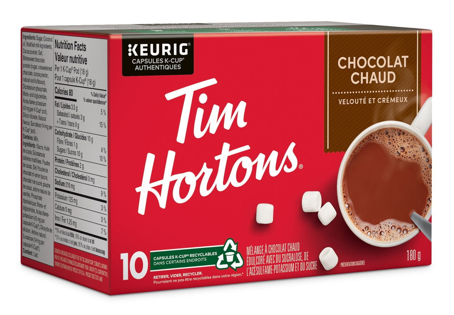 Tim Hortons Hot Chocolate K-Cups Pods, Single-Serve K-Cups, Compatible with Keurig Coffee Makers, Smooth & Creamy, 10 Count