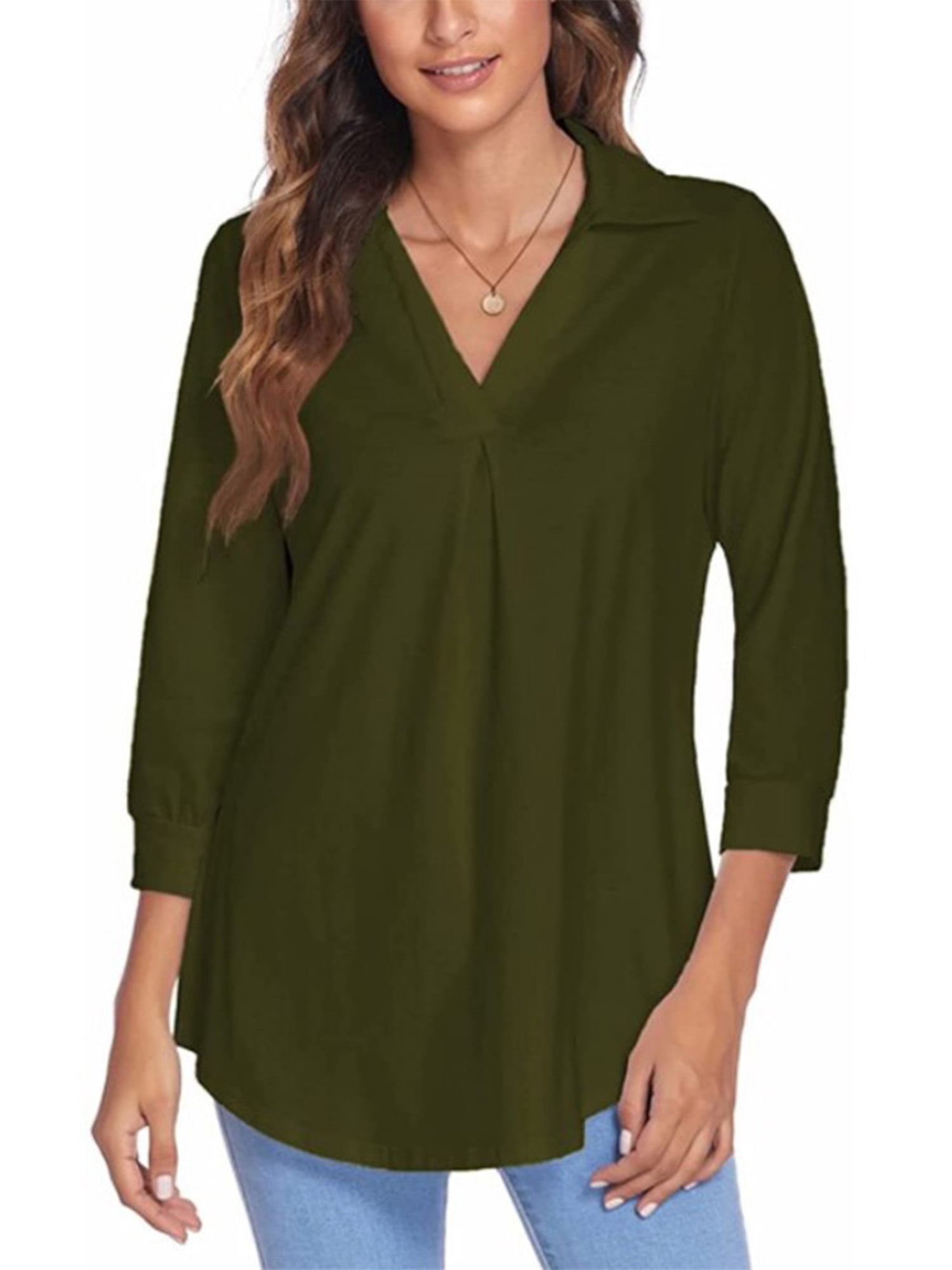 LUXUR Haut Femme Ample Tunique Chandail Manches 3/4 Chemise Col en V Blouse Vert Armée m