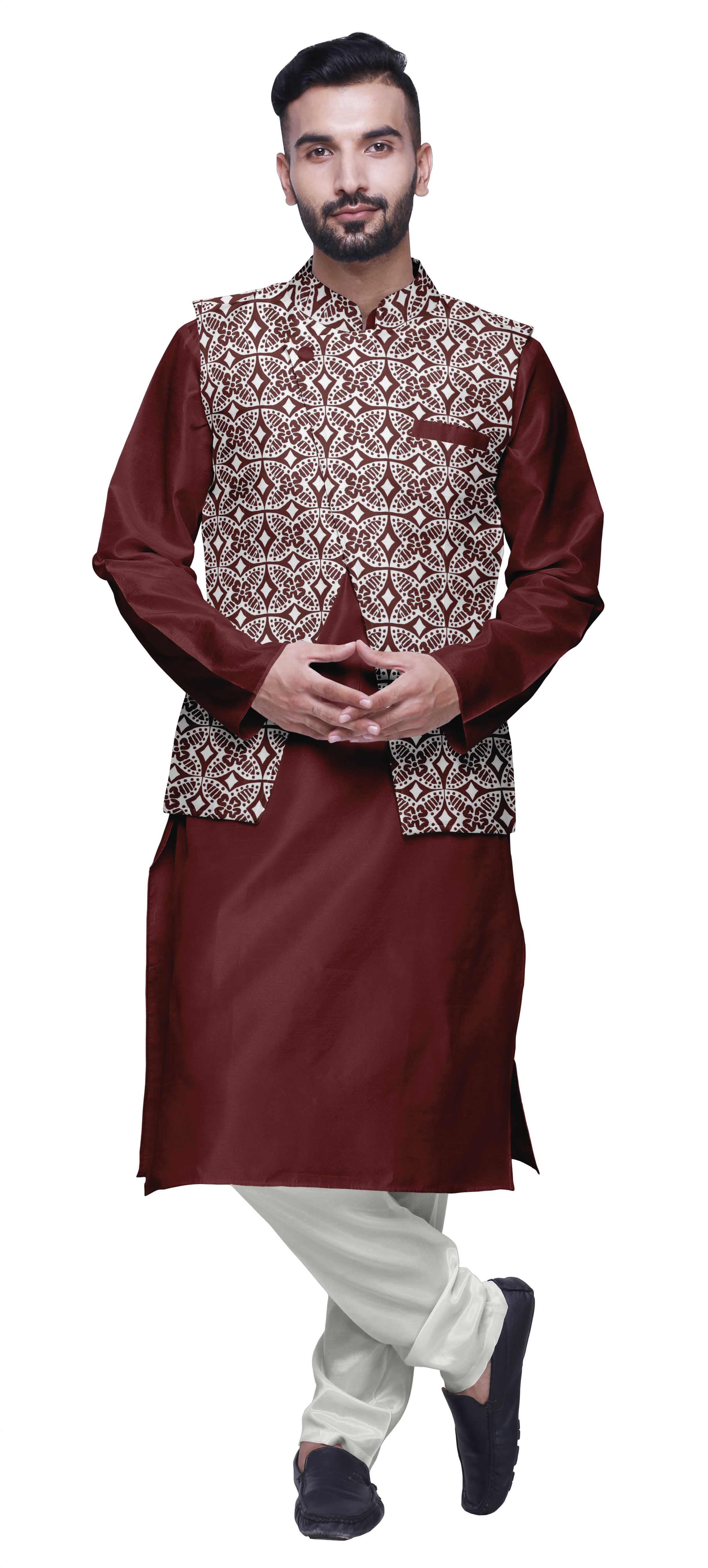 Atasi Indian Mens Kurta Churidar Pajama Jacket Set Solid Ethnic Wear For Men