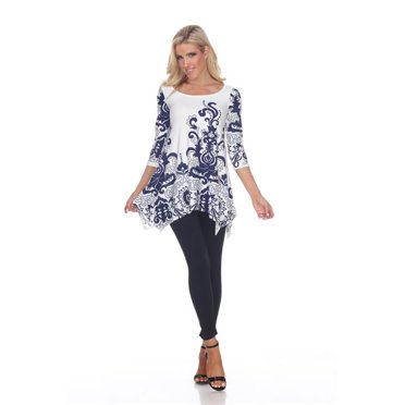 White Mark 1301-04-L Yanette Womens Tunic Top - White & Navy, Large