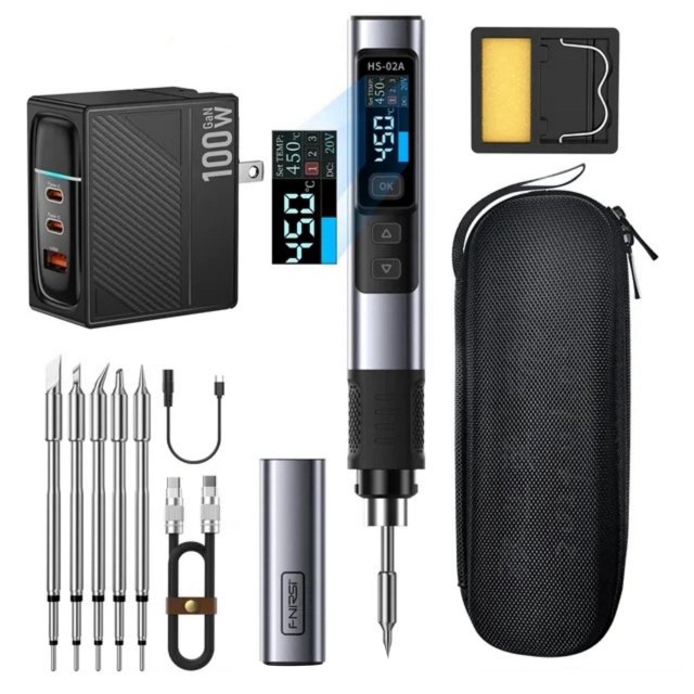 TFixol FNIRSI HS-02A Fer à Souder Intelligent Portable 100W avec Écran HD 0,96 Pouces, Température Réglable, Charge Rapide PD/QC et 6 Embouts pour Réparation et Soudage à la Maison