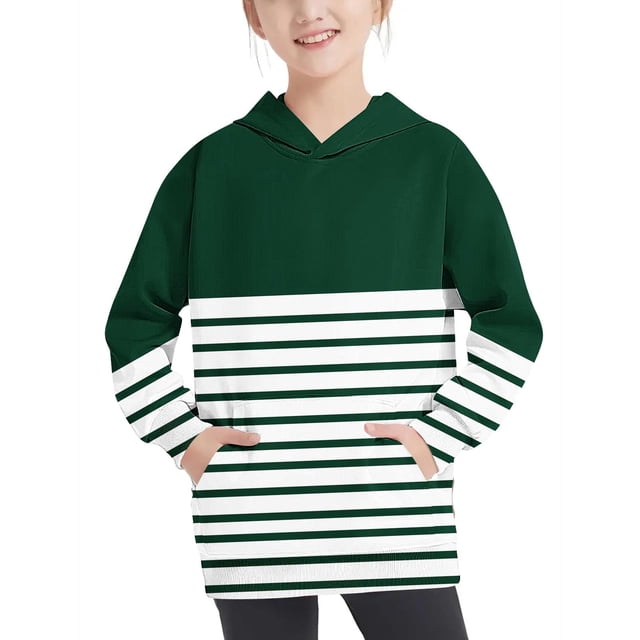 RXIRUCGD Girls Hoodie Lightweight Sweatshirt, Color Block Striped Pullover Sweatshirt Fall Fashion Girls Clothes, Girls Green Sweatshirt Size 4-5 Years