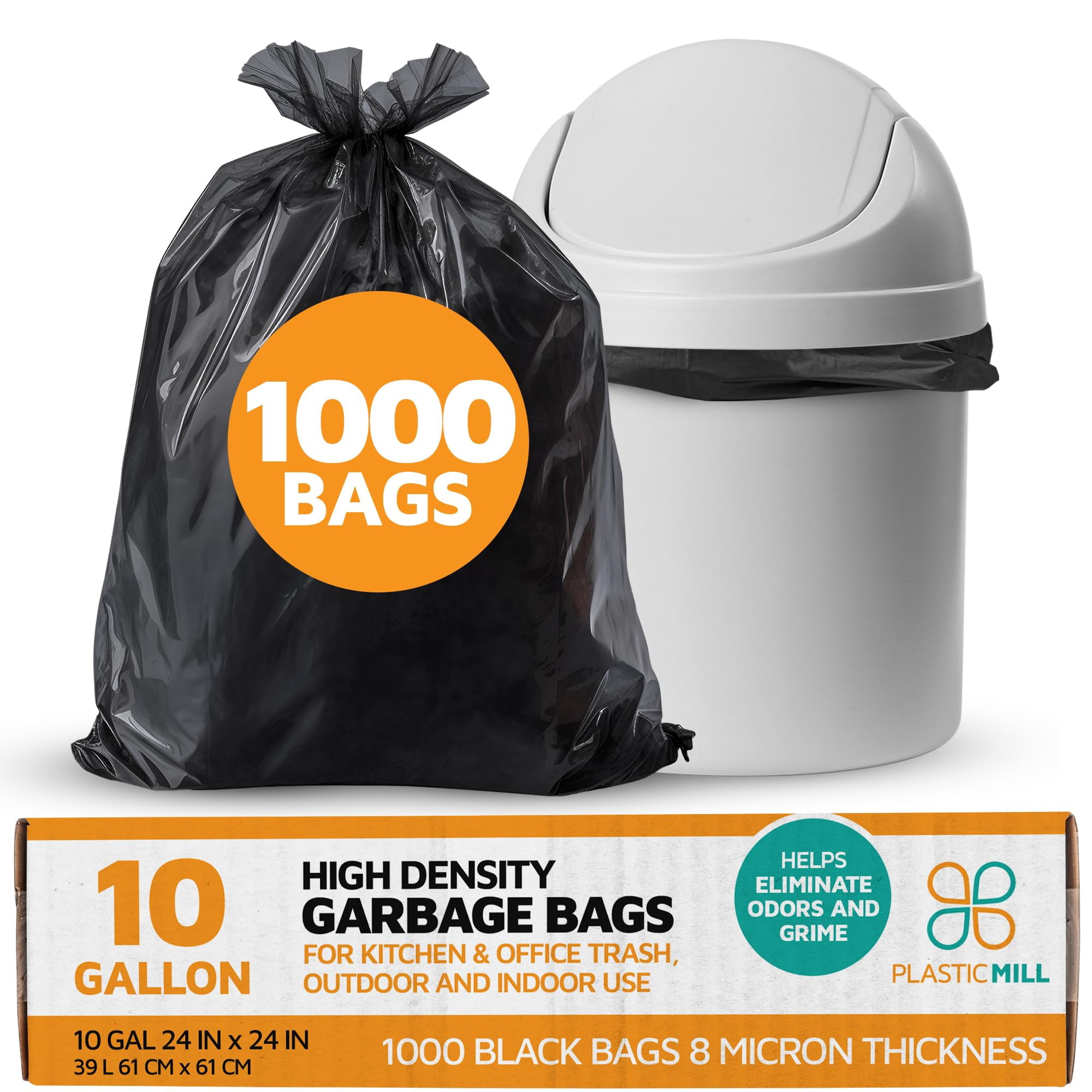 PlasticMill Heavy Duty Trash Bags - Black Garbage Bags - Plastic Trash Bags - Kitchen, Bathroom, Office Garbage Bags, Trash Can Liners - 7-10 Gallon Small Trash Bags, 8 Microns, 24"x24" (1,000-Count)