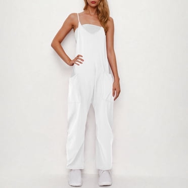 Amzcrzy Combinaisons Courtes pour Femmes Couleur Unie Col en V Bretelles Spaghetti Combinaisons pour Femmes Décontractées Amples une Pièce Salopettes pour Femmes avec Poches