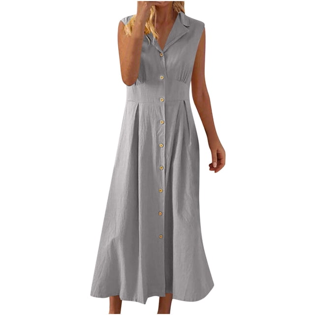 Amzcrzy Robes pour Femmes Couleur Unie Sans Manches Robes de Printemps Col en V à Boutons Robe d'Été Confortable Robe en Coton et Lin Tendance Col Rabattu Robes Maxi
