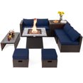 thumbnail image 1 of Patiojoy Ensemble de 9 Pcs de Meubles de Patio Extérieur avec Table de Foyer au Propane de 35 Pouces, Ensemble de Canapé Sectionnel d'Extérieur en Osier PE Gain de Place avec Coffre de Rangement et Coussins, Bleu Marine, 1 of 10