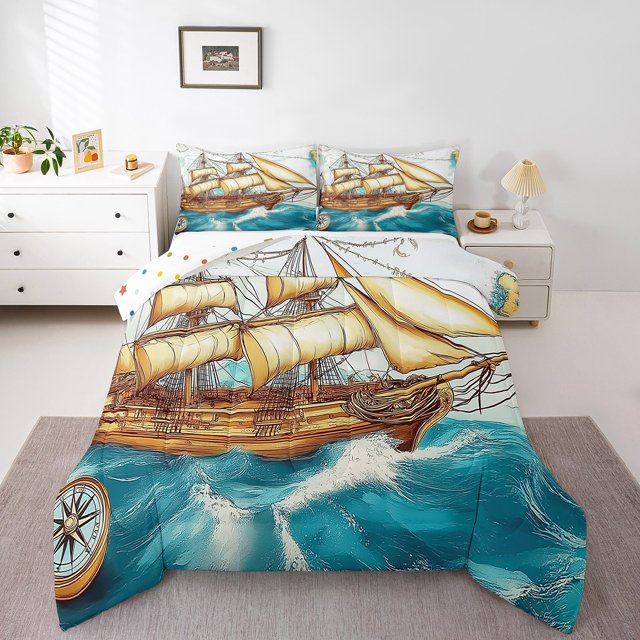 Erosebridal Vintage Ship Bedding Full Comforter Set, Nautical Compass Down Comforter, Aqua Blue, Reversible